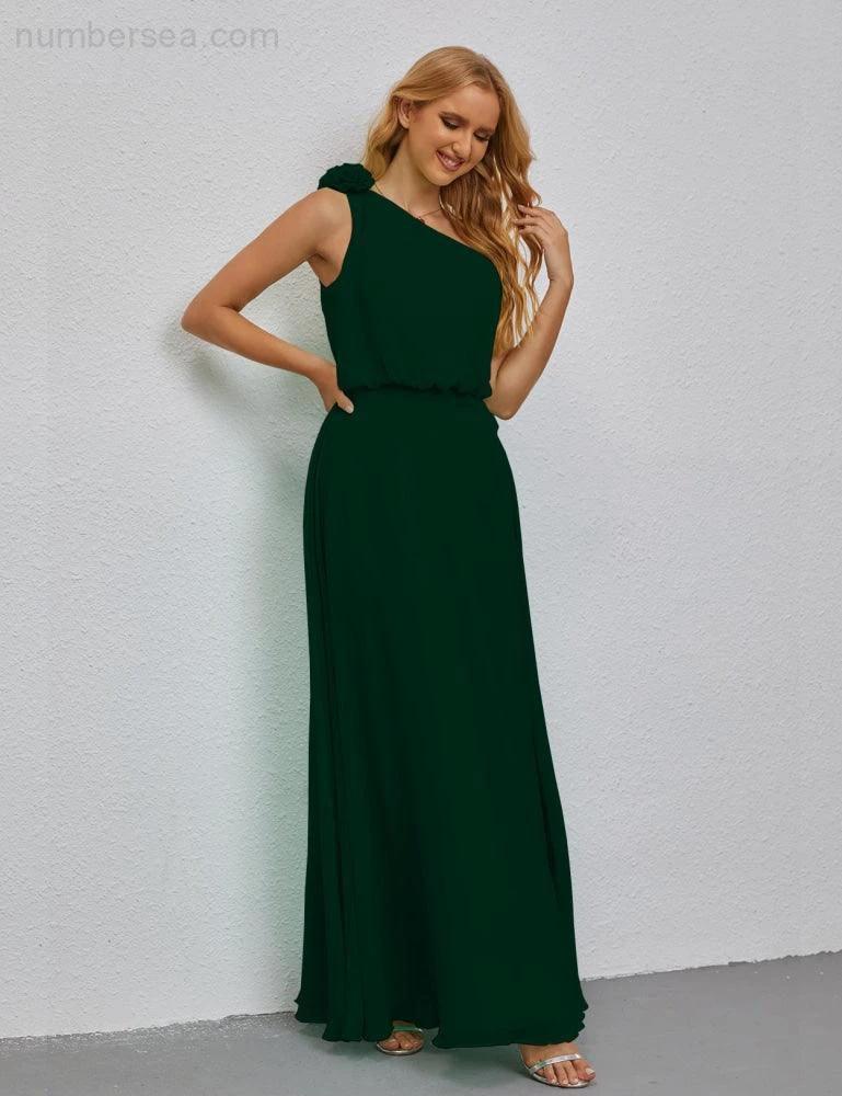 Ruffled One Shoulder Sleeveless Long Bridesmaid Dresses A-line Formal Evening Gown Side Split 28080 - Image 67