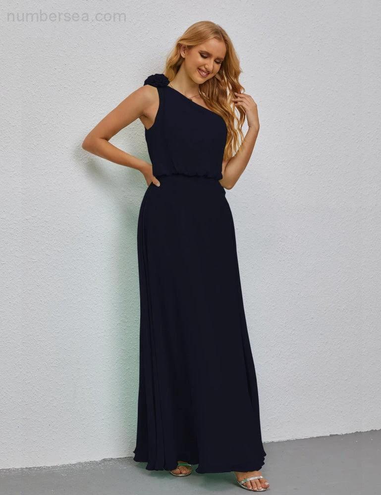 Ruffled One Shoulder Sleeveless Long Bridesmaid Dresses A-line Formal Evening Gown Side Split 28080 - Image 71