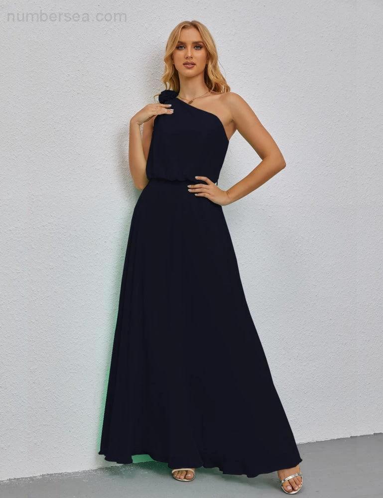 Ruffled One Shoulder Sleeveless Long Bridesmaid Dresses A-line Formal Evening Gown Side Split 28080 - Image 72