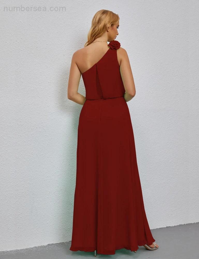 Ruffled One Shoulder Sleeveless Long Bridesmaid Dresses A-line Formal Evening Gown Side Split 28080 - Image 74