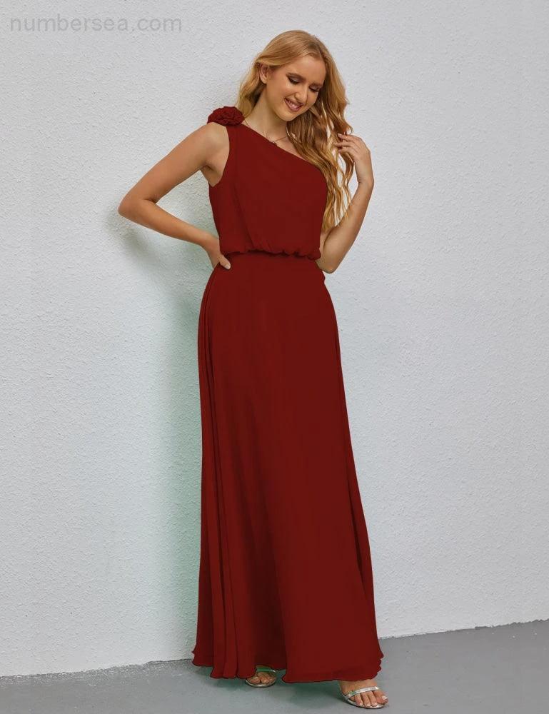 Ruffled One Shoulder Sleeveless Long Bridesmaid Dresses A-line Formal Evening Gown Side Split 28080 - Image 75