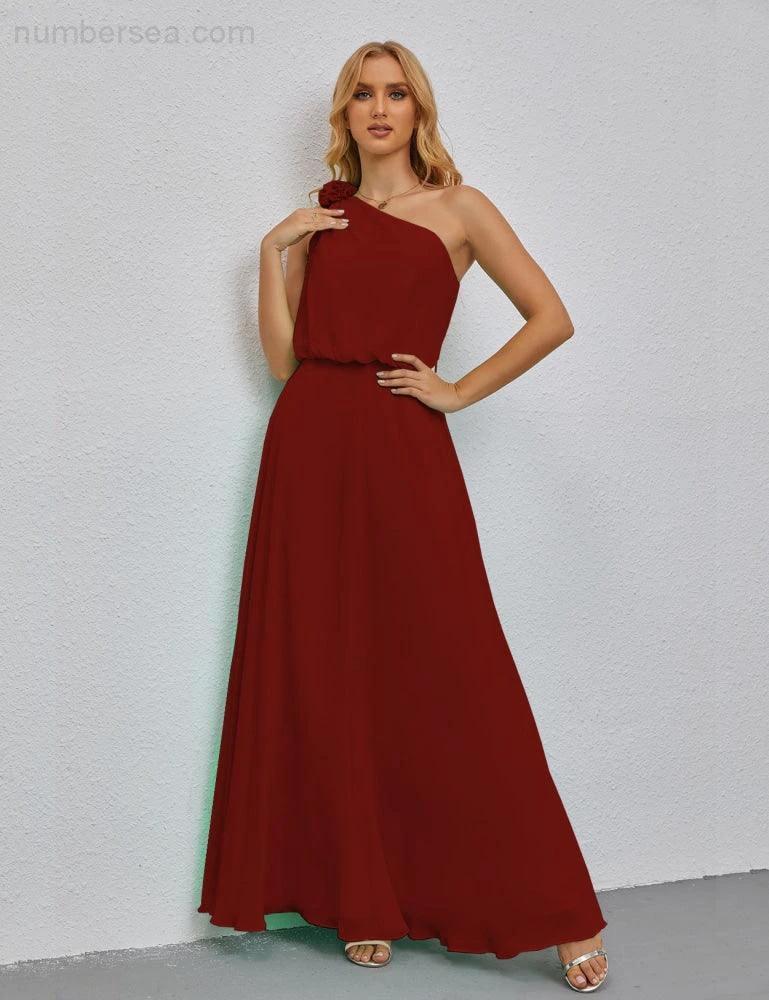 Ruffled One Shoulder Sleeveless Long Bridesmaid Dresses A-line Formal Evening Gown Side Split 28080 - Image 76