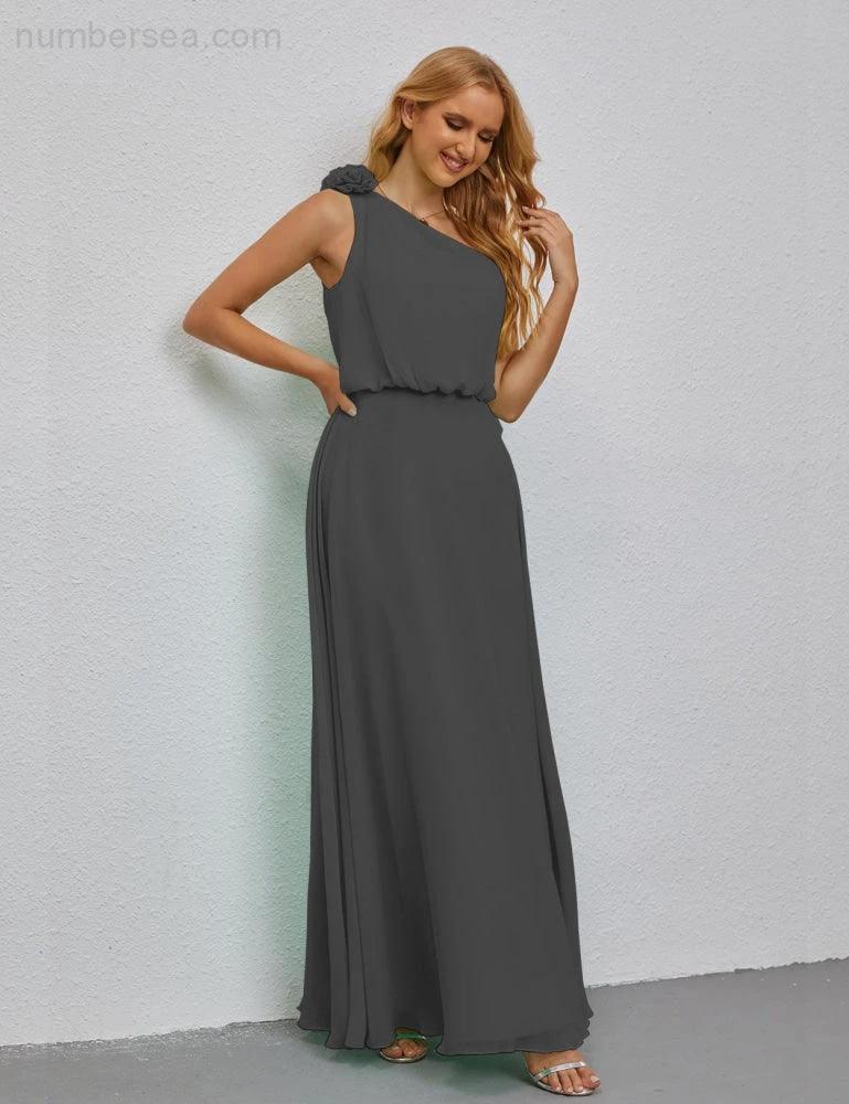 Ruffled One Shoulder Sleeveless Long Bridesmaid Dresses A-line Formal Evening Gown Side Split 28080 - Image 79