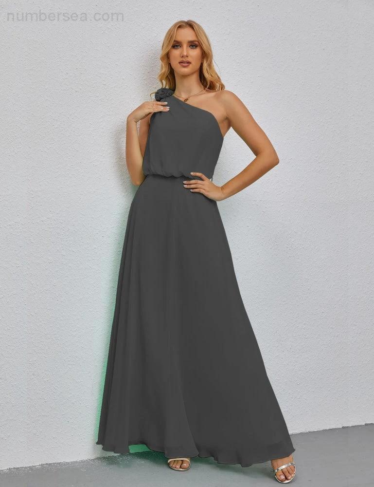 Ruffled One Shoulder Sleeveless Long Bridesmaid Dresses A-line Formal Evening Gown Side Split 28080 - Image 80