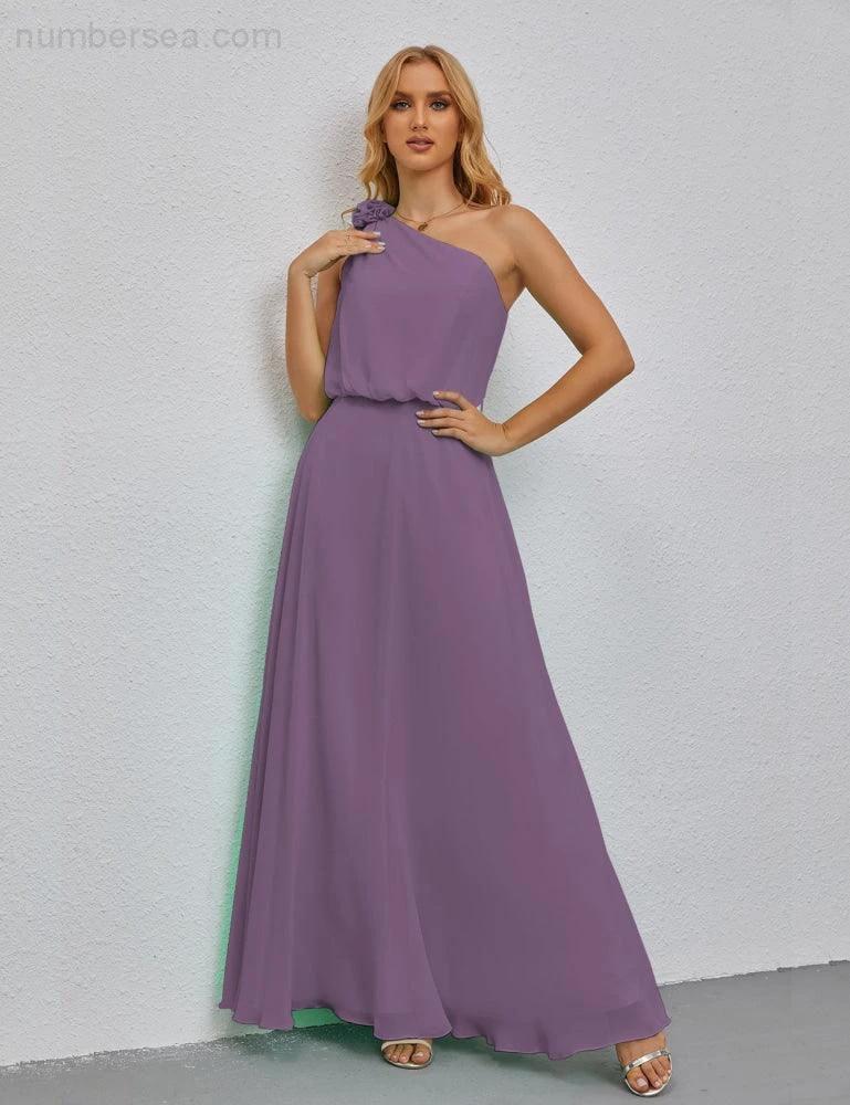 Ruffled One Shoulder Sleeveless Long Bridesmaid Dresses A-line Formal Evening Gown Side Split 28080 - Image 84