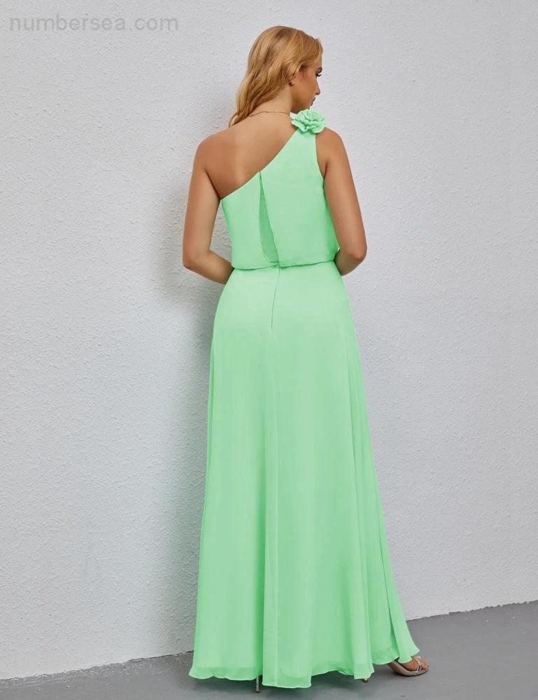 Ruffled One Shoulder Sleeveless Long Bridesmaid Dresses A-line Formal Evening Gown Side Split 28080 - Image 86