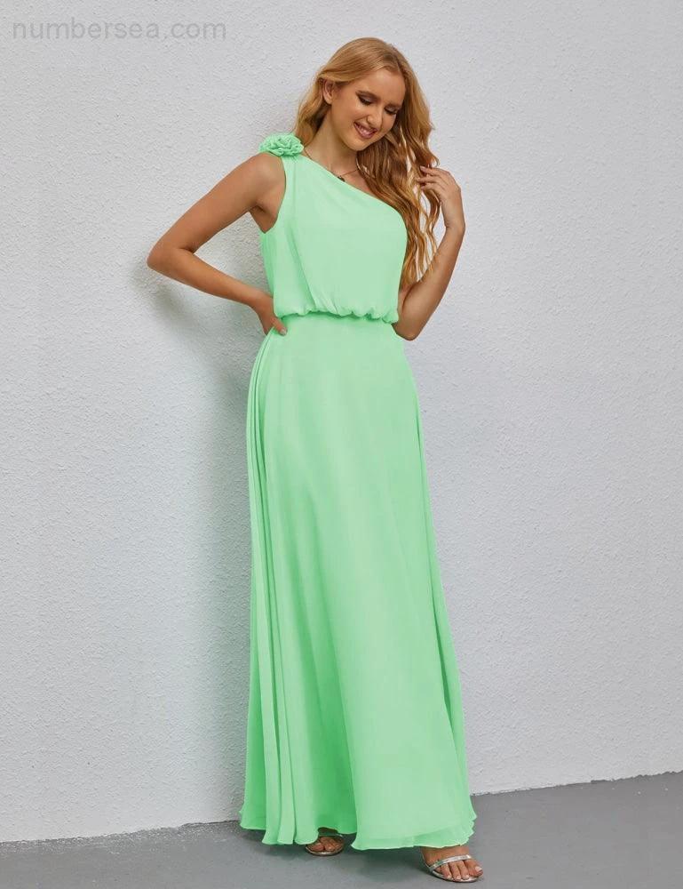 Ruffled One Shoulder Sleeveless Long Bridesmaid Dresses A-line Formal Evening Gown Side Split 28080 - Image 87
