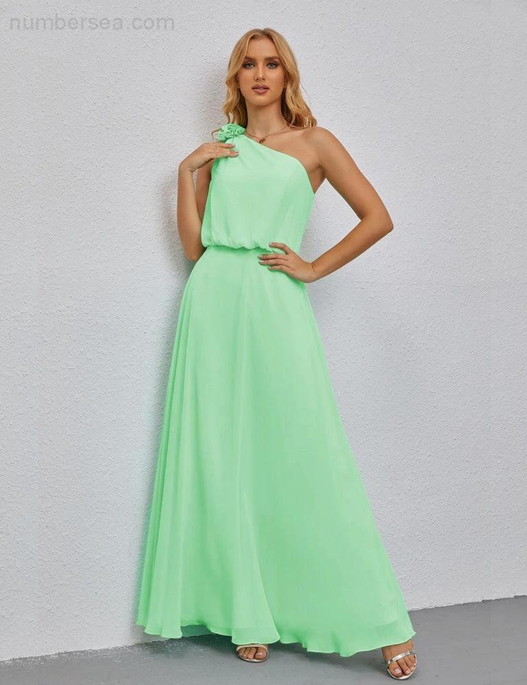 Ruffled One Shoulder Sleeveless Long Bridesmaid Dresses A-line Formal Evening Gown Side Split 28080 - Image 88