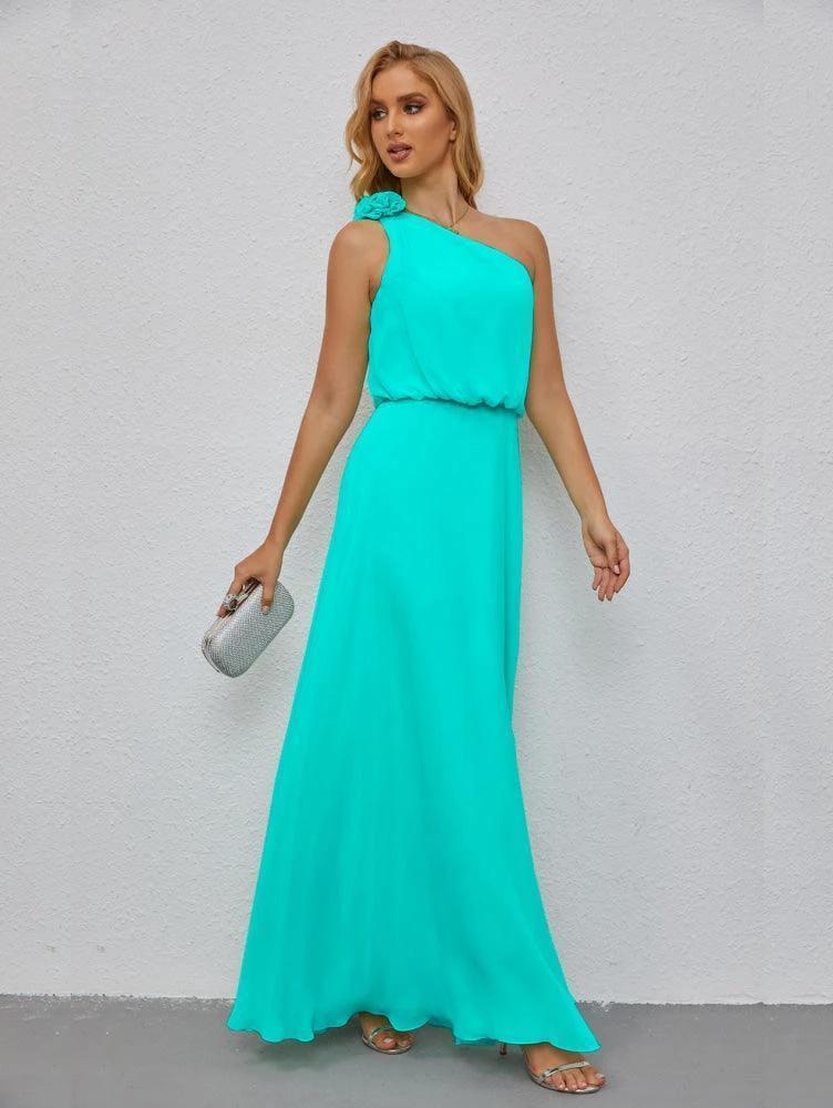 Ruffled One Shoulder Sleeveless Long Bridesmaid Dresses A-line Formal Evening Gown Side Split 28080 - Image 89