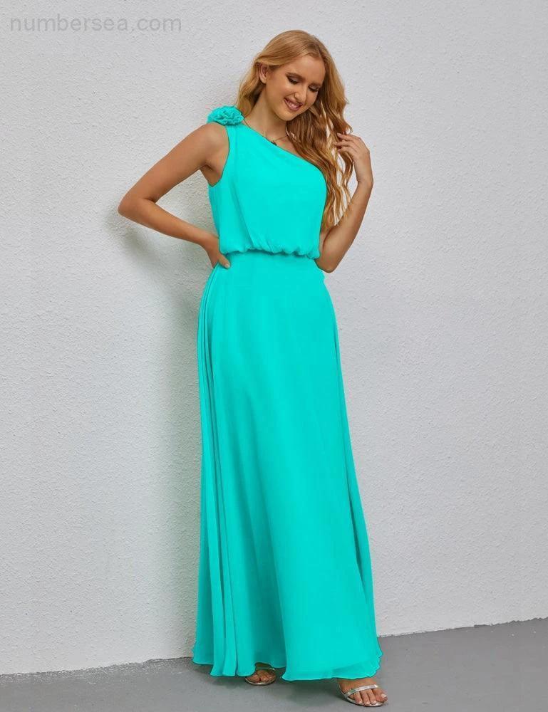 Ruffled One Shoulder Sleeveless Long Bridesmaid Dresses A-line Formal Evening Gown Side Split 28080 - Image 91
