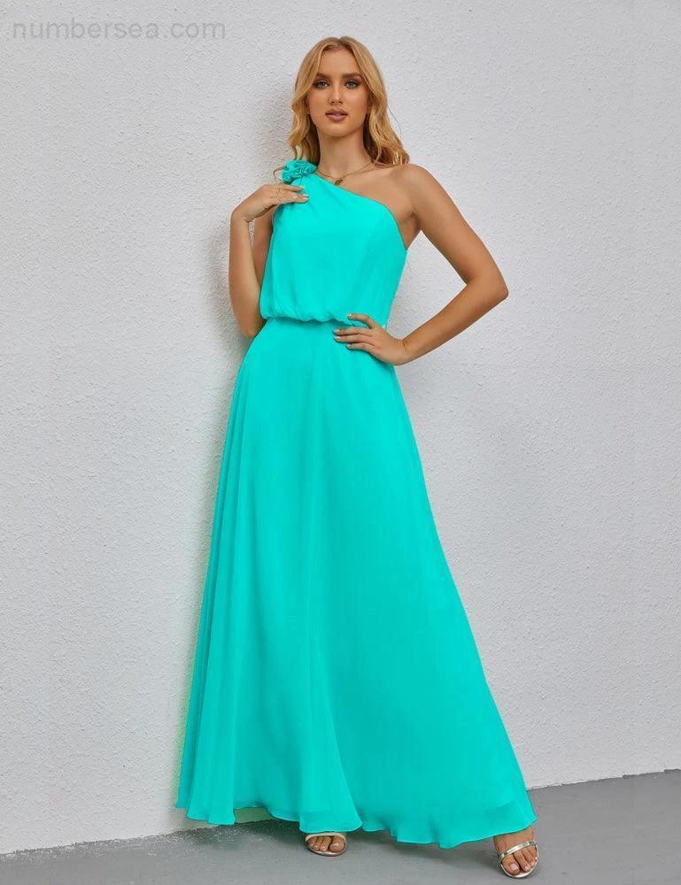 Ruffled One Shoulder Sleeveless Long Bridesmaid Dresses A-line Formal Evening Gown Side Split 28080 - Image 92