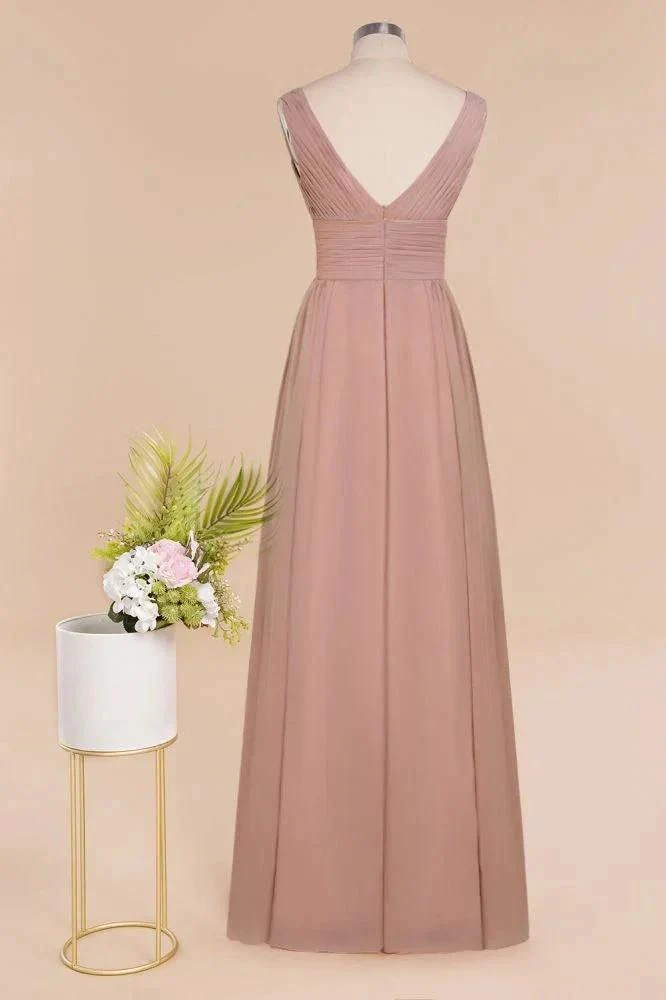 Ruffles V-Neck A-line Dusty Pink Bridesmaid Dresses | Sleeveless Floor-Length Evening Dresses - Image 10