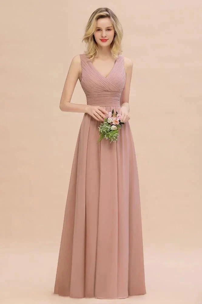 Ruffles V-Neck A-line Dusty Pink Bridesmaid Dresses | Sleeveless Floor-Length Evening Dresses - Image 2