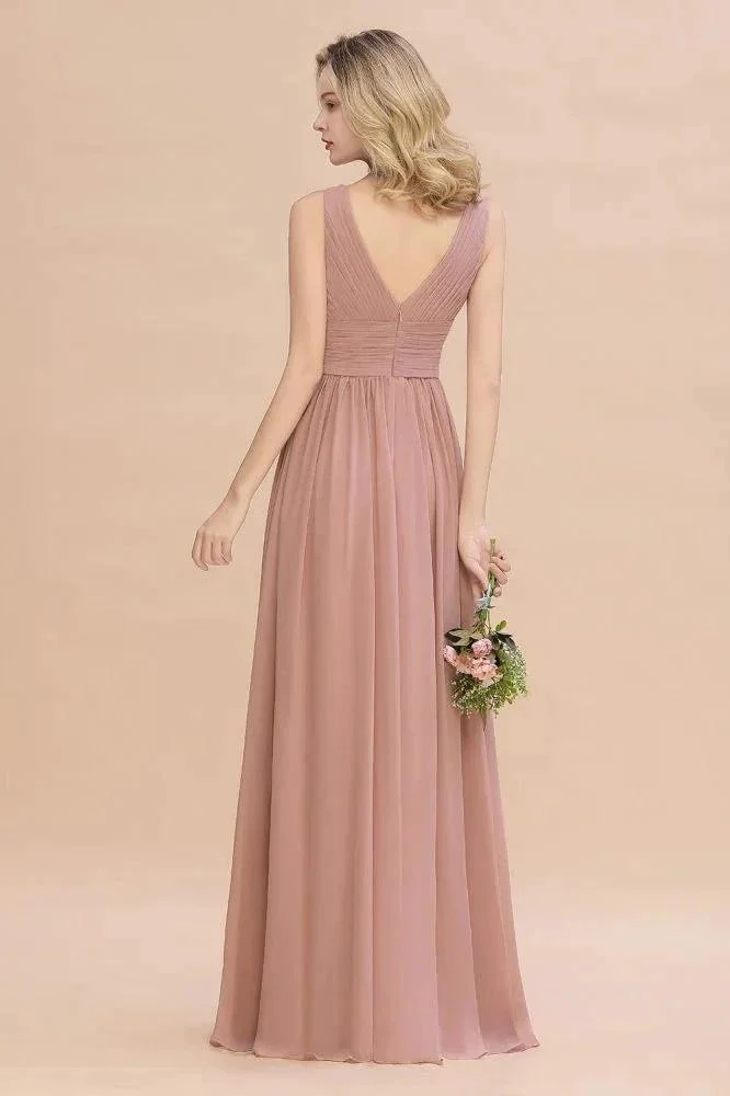 Ruffles V-Neck A-line Dusty Pink Bridesmaid Dresses | Sleeveless Floor-Length Evening Dresses - Image 3