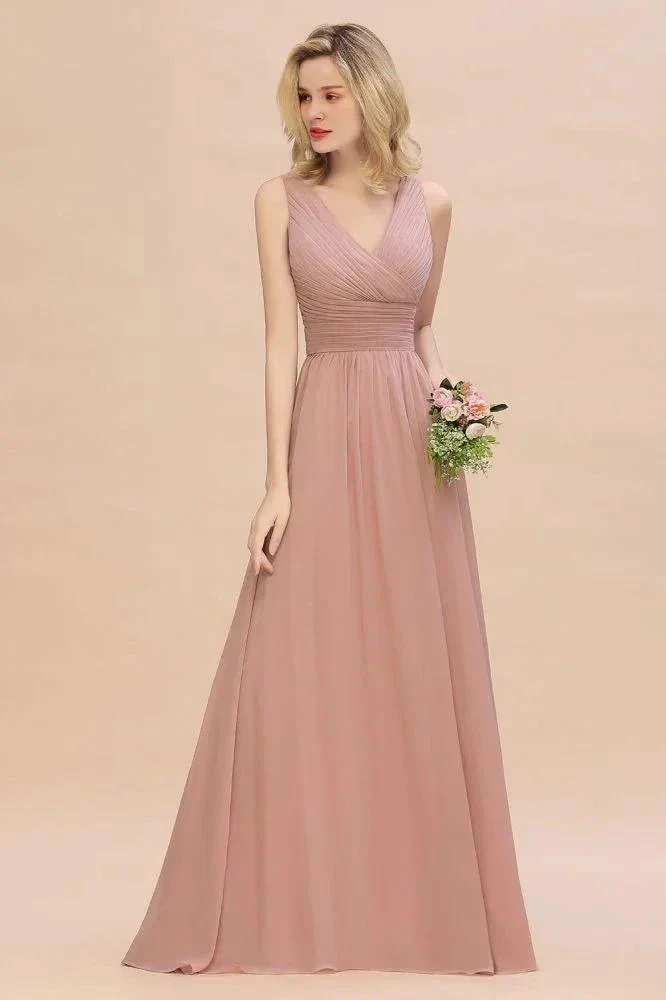 Ruffles V-Neck A-line Dusty Pink Bridesmaid Dresses | Sleeveless Floor-Length Evening Dresses - Image 4