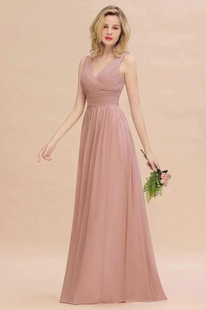 Ruffles V-Neck A-line Dusty Pink Bridesmaid Dresses | Sleeveless Floor-Length Evening Dresses - Image 5