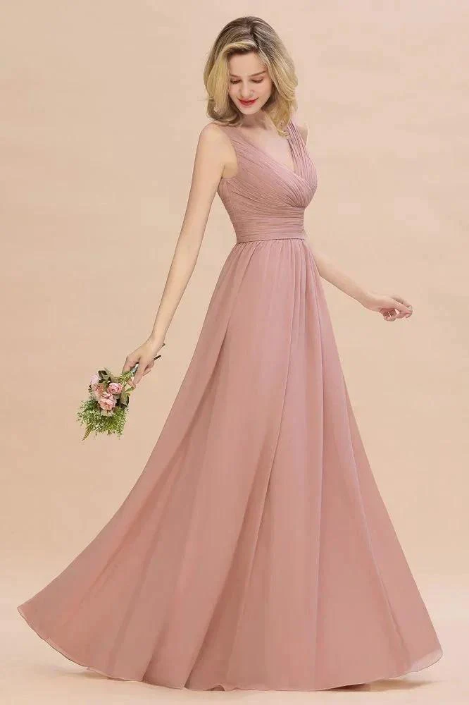 Ruffles V-Neck A-line Dusty Pink Bridesmaid Dresses | Sleeveless Floor-Length Evening Dresses - Image 6