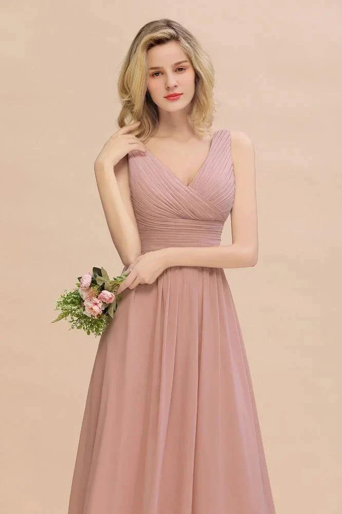 Ruffles V-Neck A-line Dusty Pink Bridesmaid Dresses | Sleeveless Floor-Length Evening Dresses - Image 7