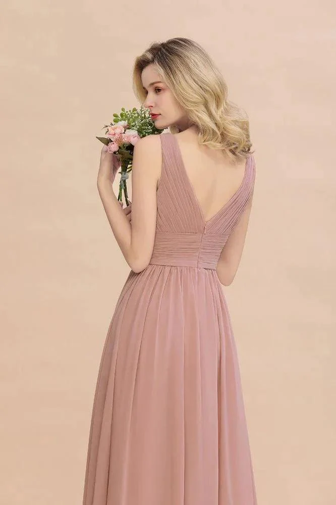Ruffles V-Neck A-line Dusty Pink Bridesmaid Dresses | Sleeveless Floor-Length Evening Dresses - Image 8
