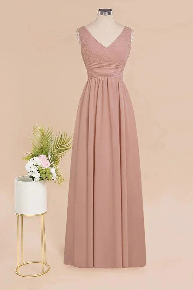 Ruffles V-Neck A-line Dusty Pink Bridesmaid Dresses | Sleeveless Floor-Length Evening Dresses - Image 9