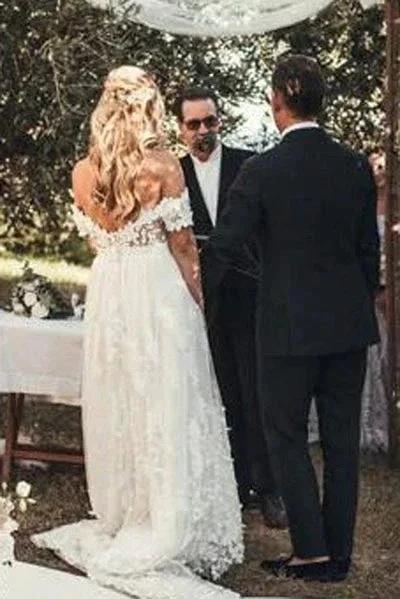 Rustic Ivory Lace Wedding Dresses Off the Shoulder Beach Wedding Dresses,MW490 - Image 4