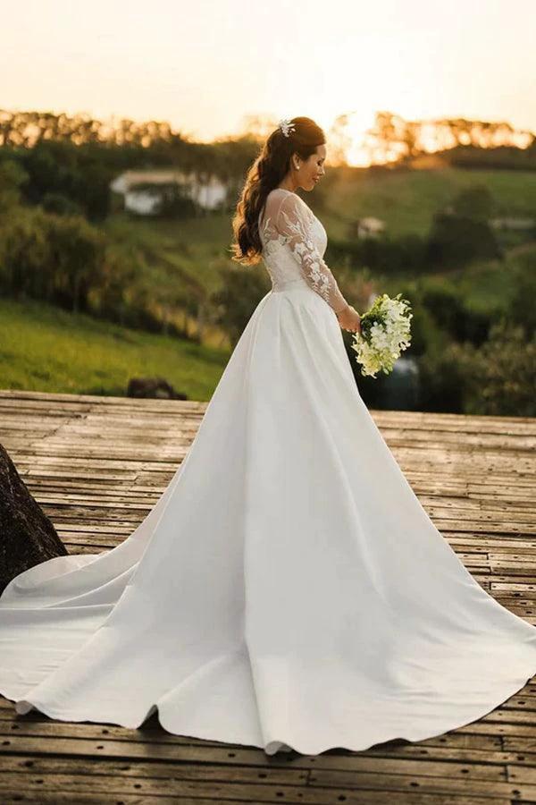 Rustic Lace Long Sleeves Tulle Wedding Dress With Detachable Satin WD624 - Image 2
