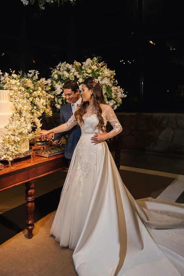 Rustic Lace Long Sleeves Tulle Wedding Dress With Detachable Satin WD624 - Image 3