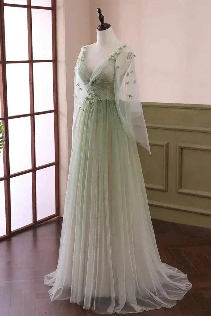 Sabina | Sage Long Sleeves A Line Tulle Prom Dress With Appliques - Image 2