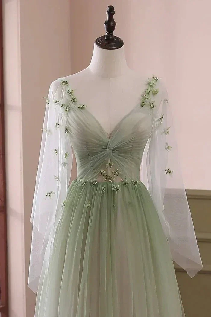 Sabina | Sage Long Sleeves A Line Tulle Prom Dress With Appliques - Image 3