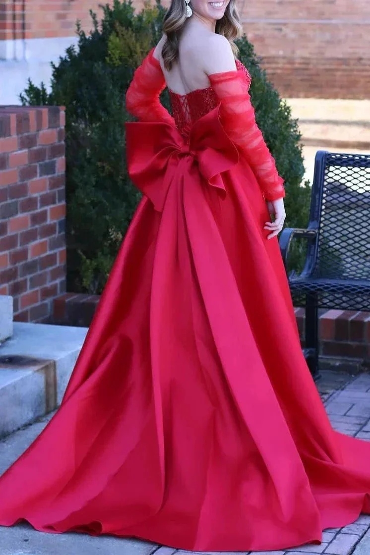 Sabriel | Red Sweetheart Satin Beaded Long Prom Dress With Split - Image 2