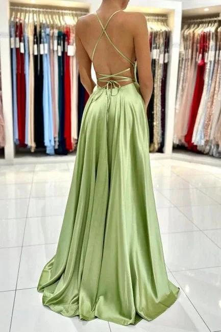 Sage Evening Dresses Simple Long A-line Satin Prom Dress With Slit - Image 2