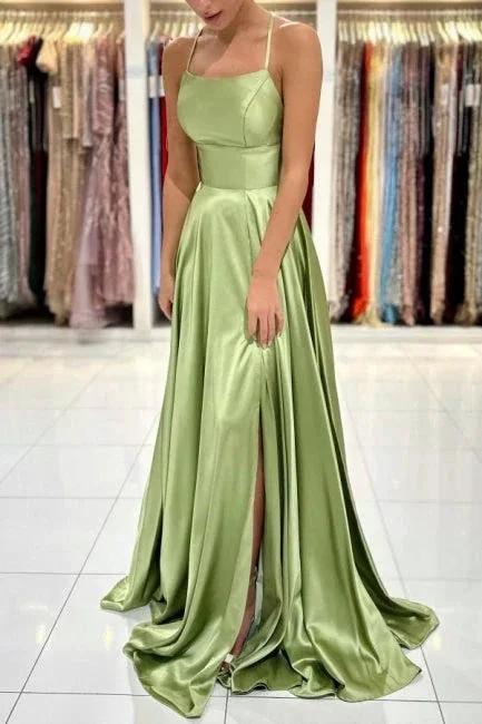 Sage Evening Dresses Simple Long A-line Satin Prom Dress With Slit - Image 3