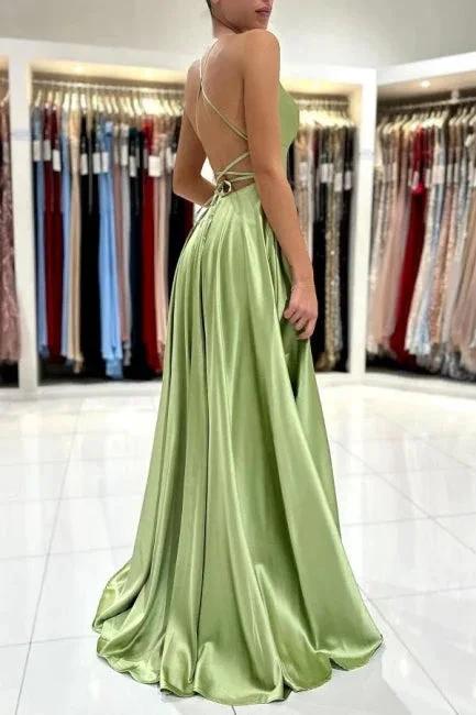 Sage Evening Dresses Simple Long A-line Satin Prom Dress With Slit - Image 4