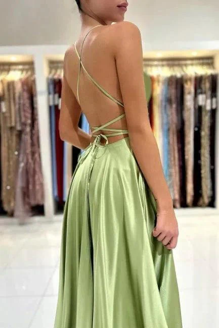 Sage Evening Dresses Simple Long A-line Satin Prom Dress With Slit - Image 5