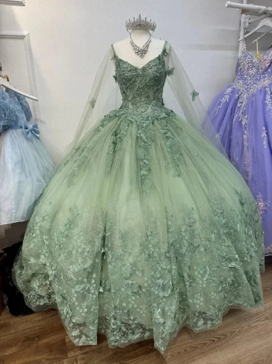 Sage Green 3D Butterfly Applique Cape Ball Gown Y2785 - Image 2