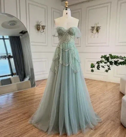 Sage Green A-Line Off The Shoulder Tulle Beaded Evening Dress Formal Prom Dress Y8157 - Image 2
