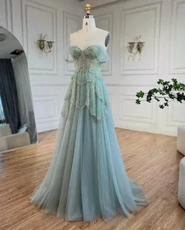 Sage Green A-Line Off The Shoulder Tulle Beaded Evening Dress Formal Prom Dress Y8157 - Image 3