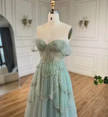 Sage Green A-Line Off The Shoulder Tulle Beaded Evening Dress Formal Prom Dress Y8157 - Image 4