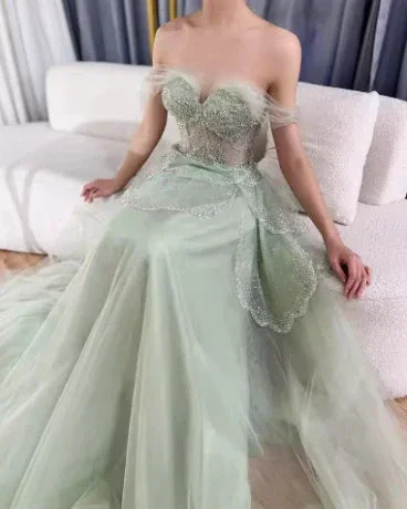 Sage Green A-Line Off The Shoulder Tulle Beaded Evening Dress Formal Prom Dress Y8157 - Image 5