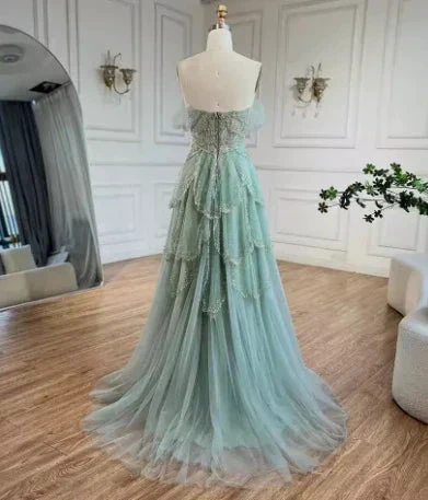 Sage Green A-Line Off The Shoulder Tulle Beaded Evening Dress Formal Prom Dress Y8157 - Image 6