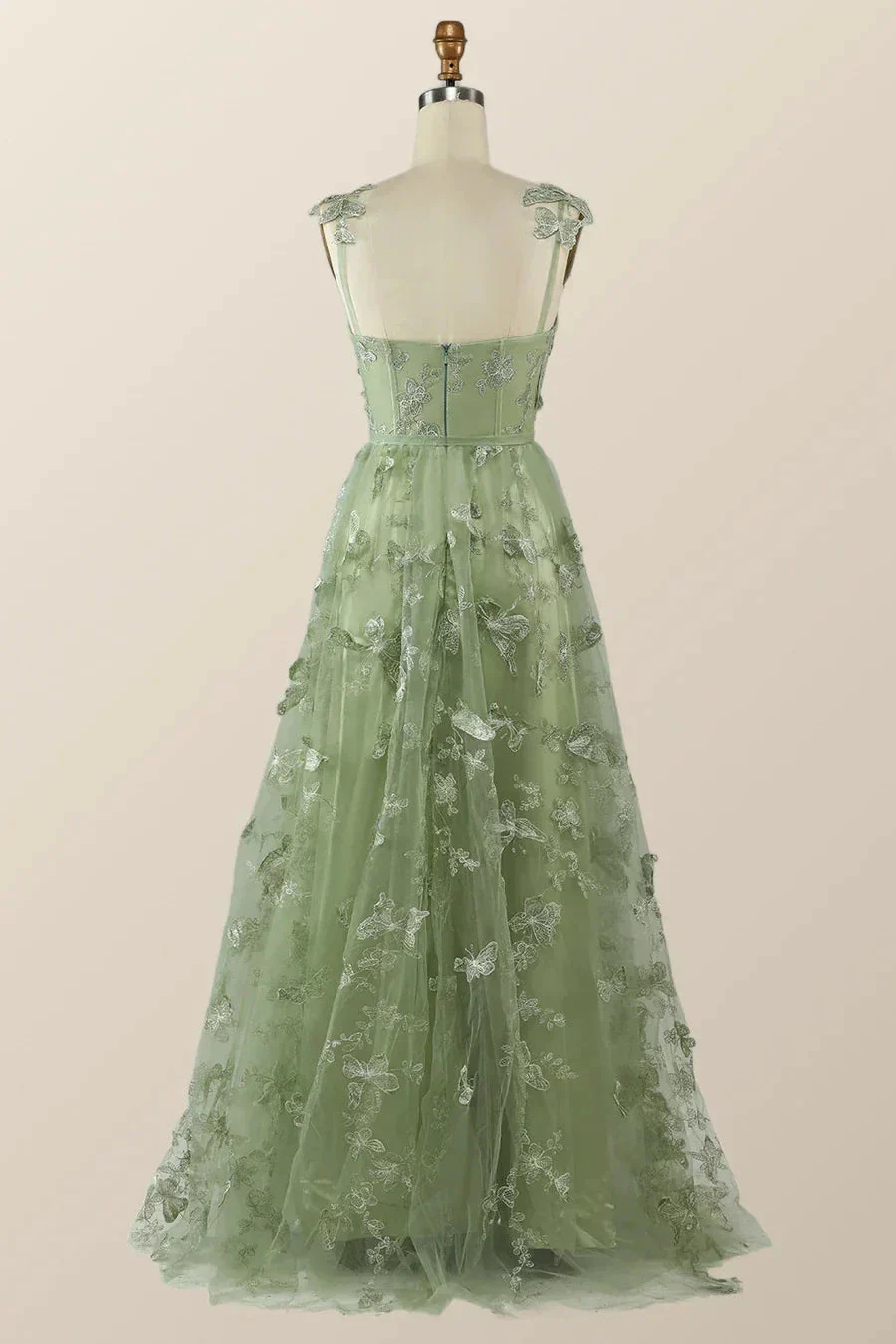 Sage Green Butterfly A-line Long Formal Dress Evening Dress  Y2801 - Image 2