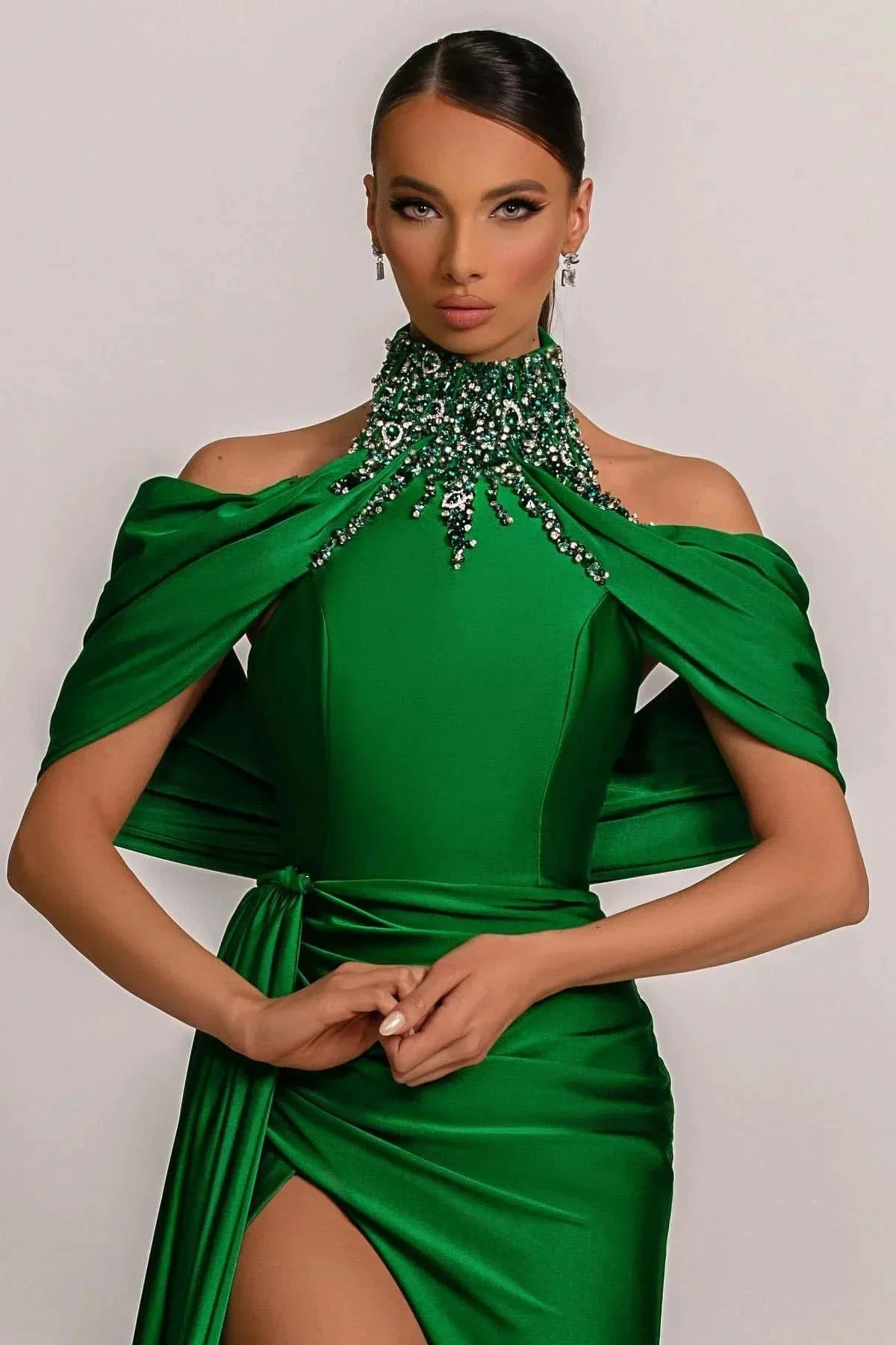 Sage Green Halter Prom Dress with Elegant Pleats and Dazzling Rhinestone Details - Image 4