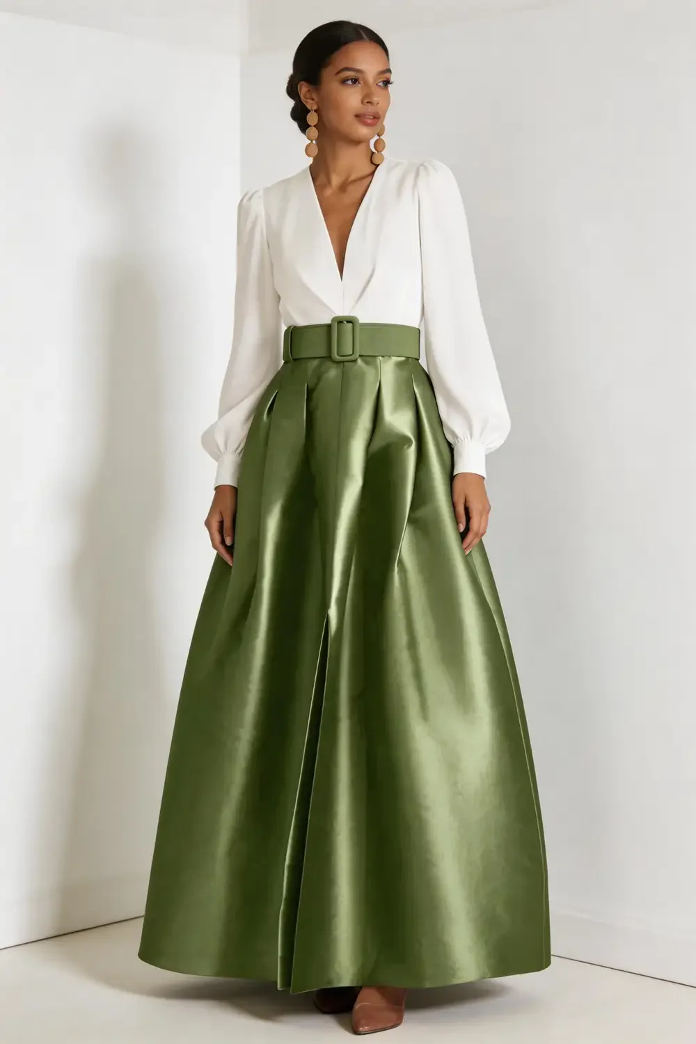 Two Piece Sage Green Satin Maxi Skirt Set With White V Neck Blouse - Image 2
