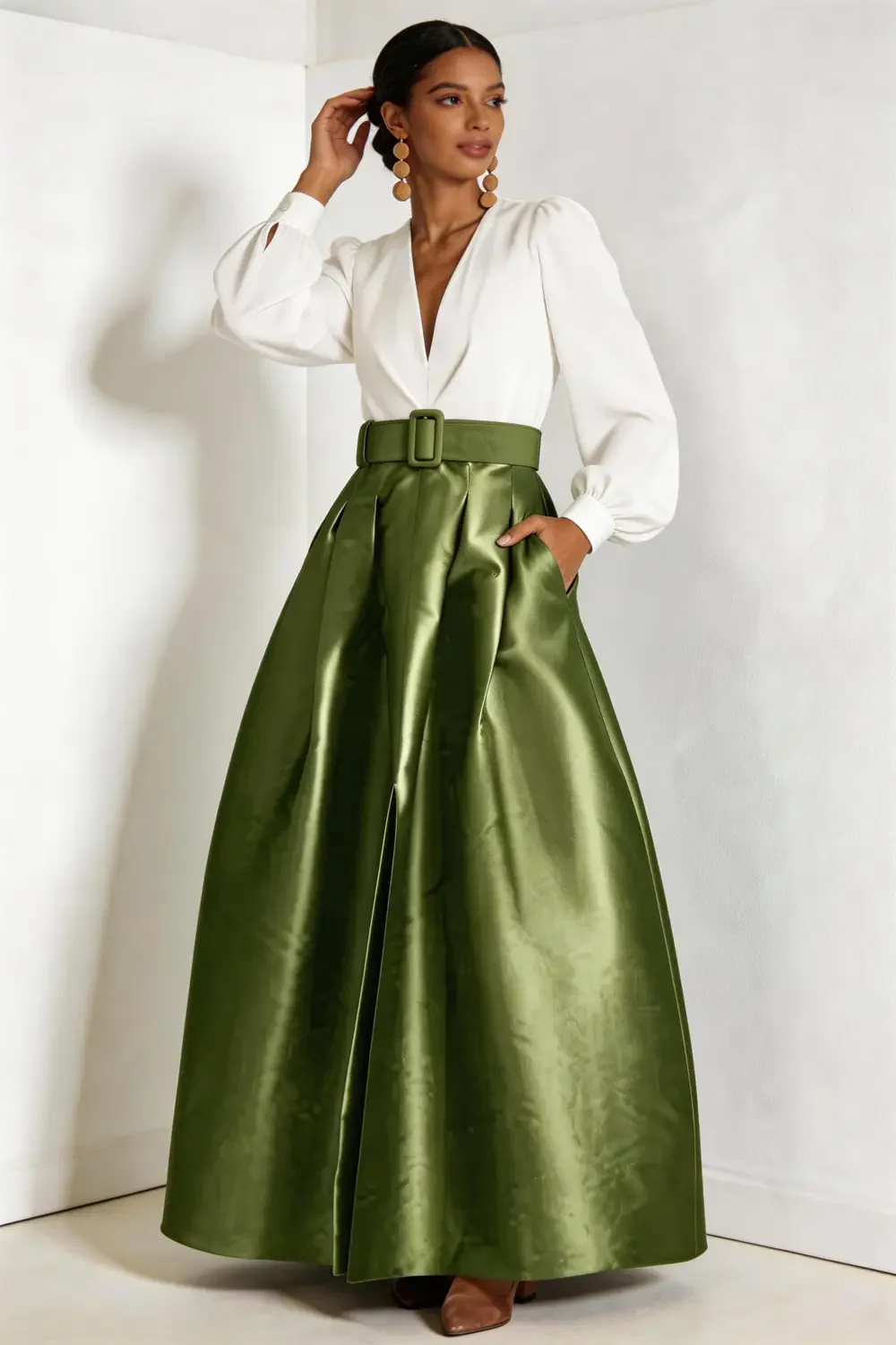 Two Piece Sage Green Satin Maxi Skirt Set With White V Neck Blouse - Image 3