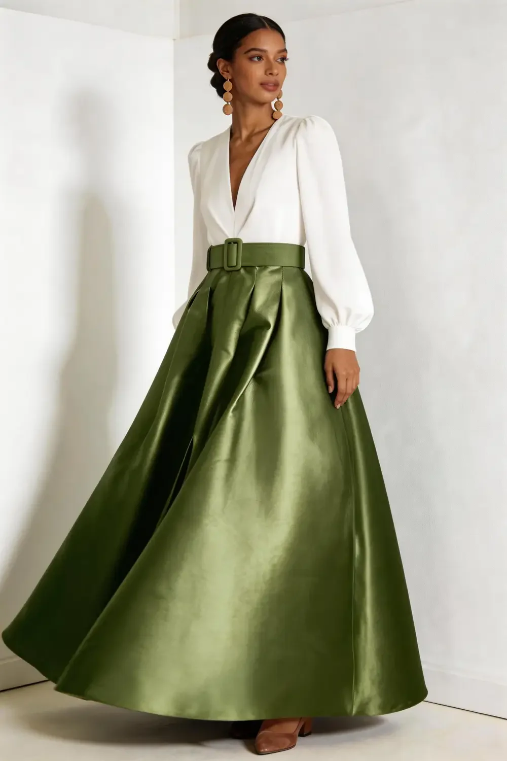 Two Piece Sage Green Satin Maxi Skirt Set With White V Neck Blouse - Image 4