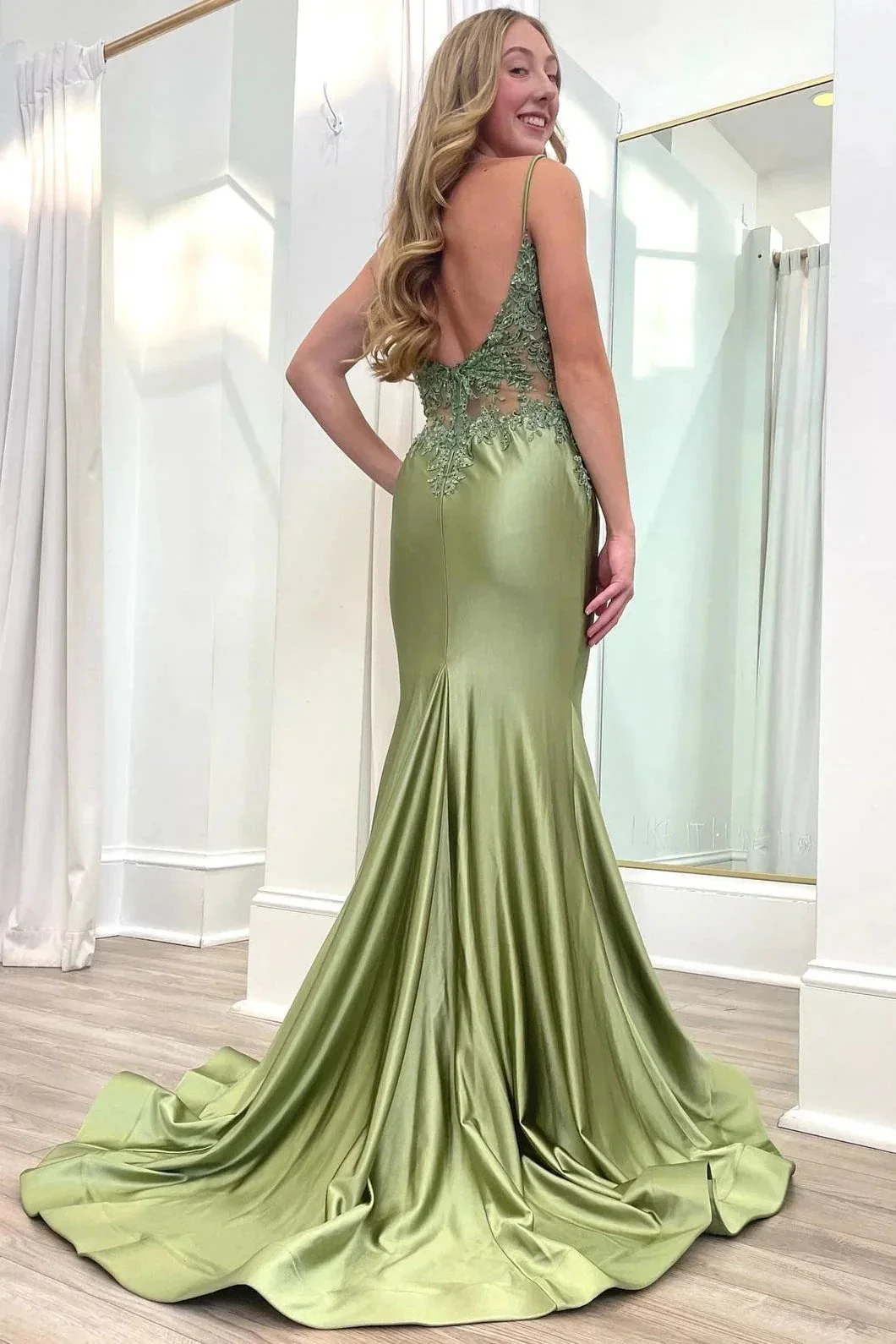 Sage Green Spaghetti Strap Backless Trumpet Long Gown - Image 3
