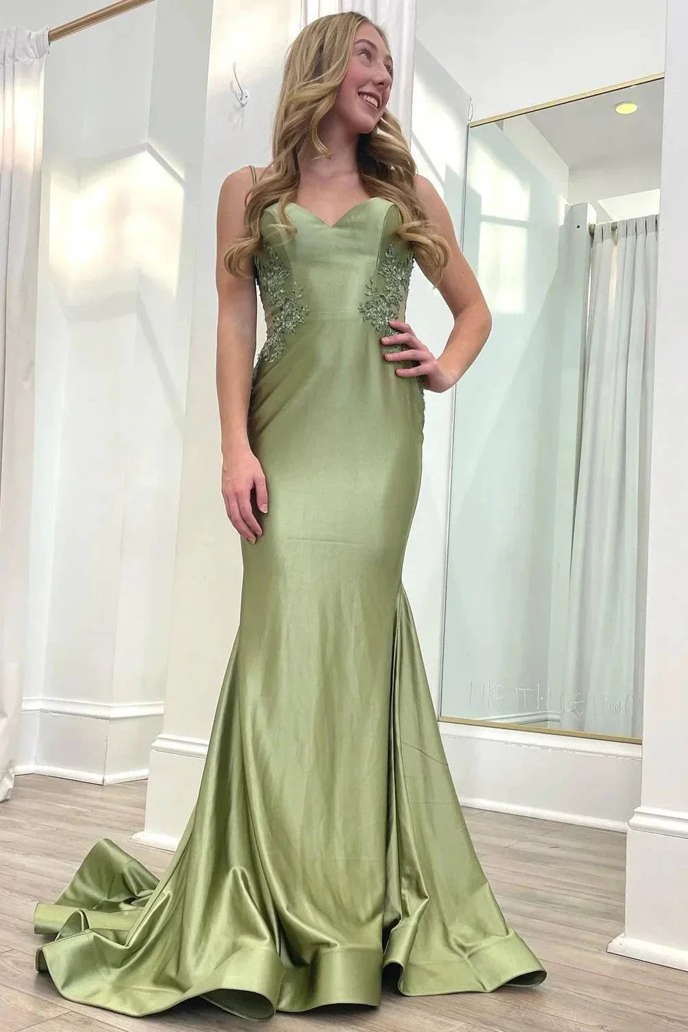 Sage Green Spaghetti Strap Backless Trumpet Long Gown - Image 6