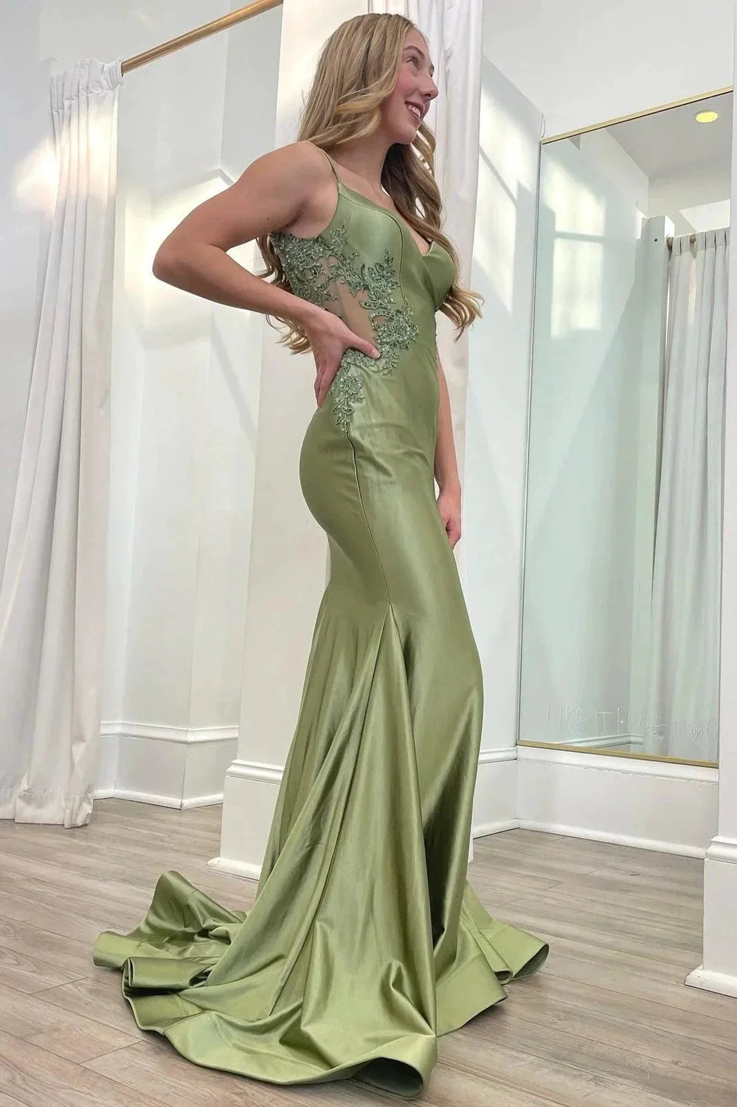 Sage Green Spaghetti Strap Backless Trumpet Long Gown - Image 7