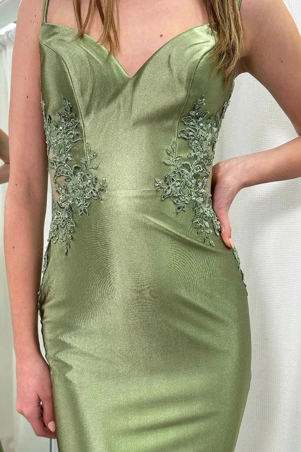 Sage Green Spaghetti Strap Backless Trumpet Long Gown - Image 8