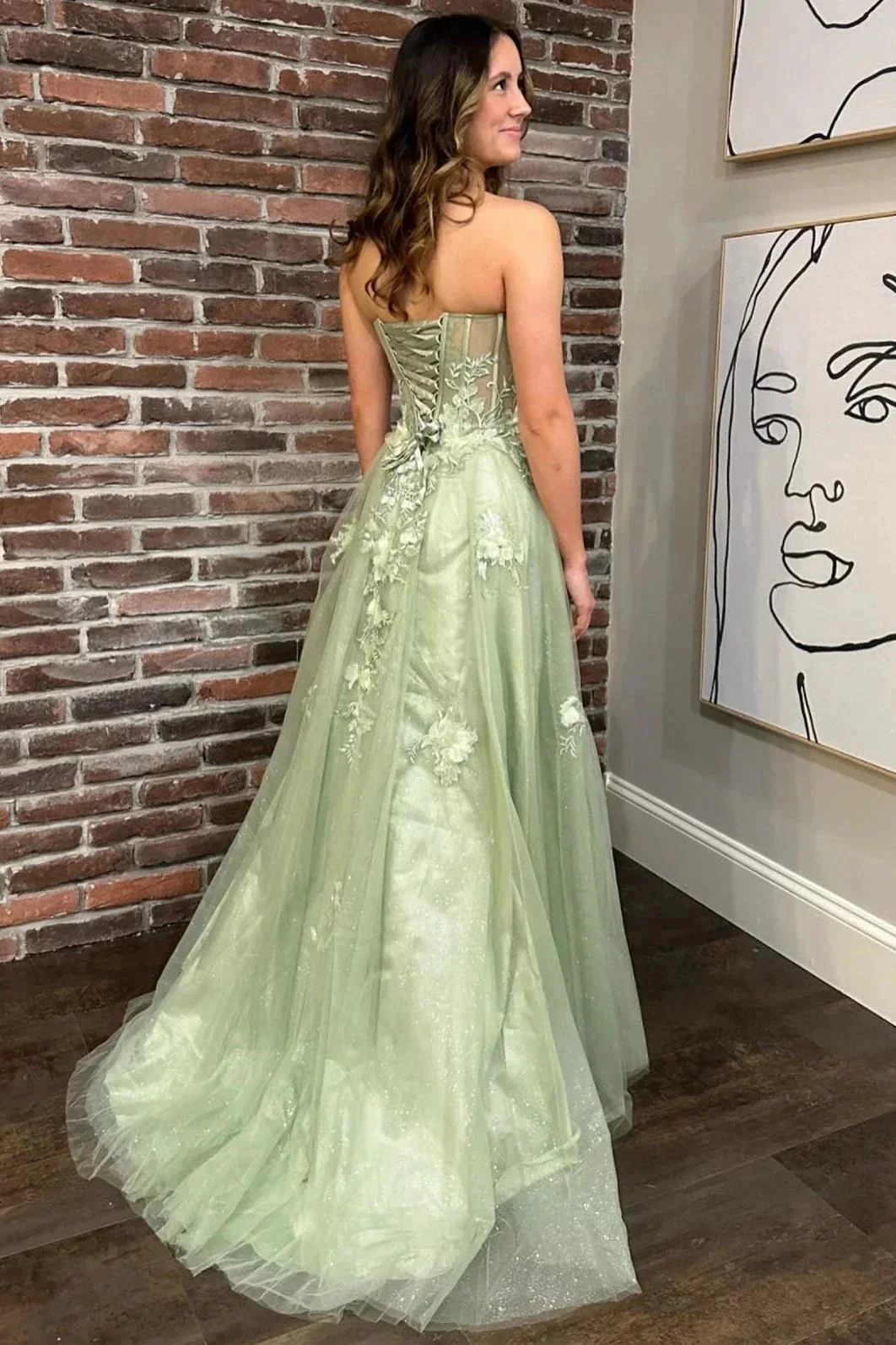 Sage Green Sweetheart Lace-Up Long Prom Dress with 3D Floral Lace - Image 2